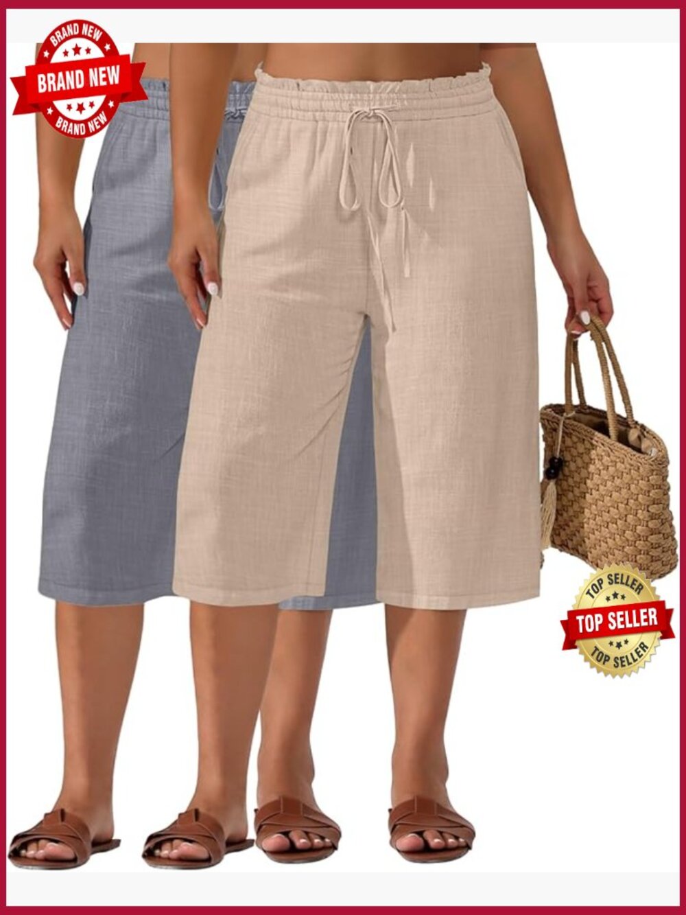 Plus Size Linen Capris Wide Leg High Waisted Drawstring Cropped Pants 2 Pack